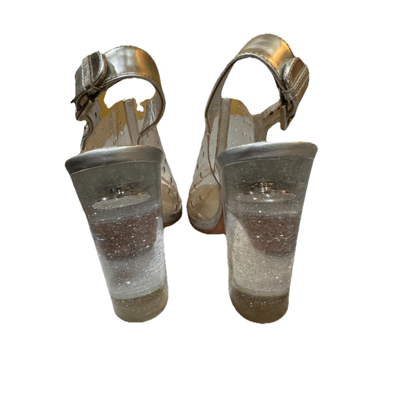 CHANEL Silver Leather And Clear Perforated PVC Slingback Heels - Picture 11 of 16